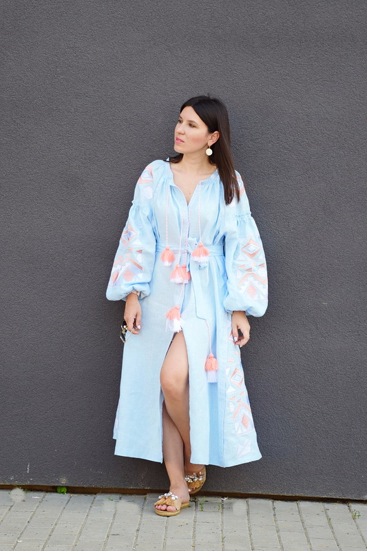 Embroidered Vyshyvanka Blue Linen Maxi Dress Multi Color Embroidery Linen Dress Ukrainian