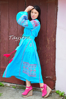 Embroidered Maxi Dress, ethno style boho chic, Bohemian Vyshyvanka Dress Multi Color Embroidery Linen, Ukrainian embroidery