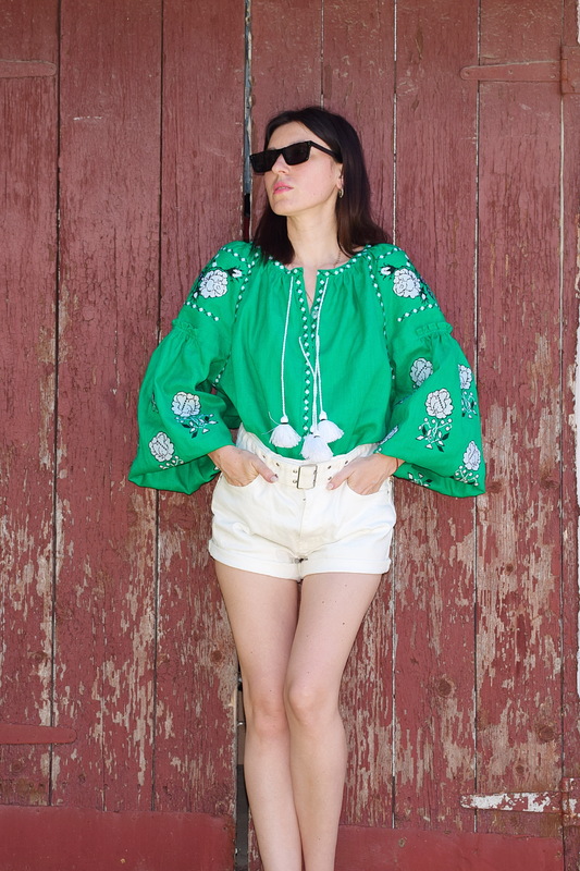 Green Blouse Linen Vyshyvanka, Embroidered clothes Stylish Blouse