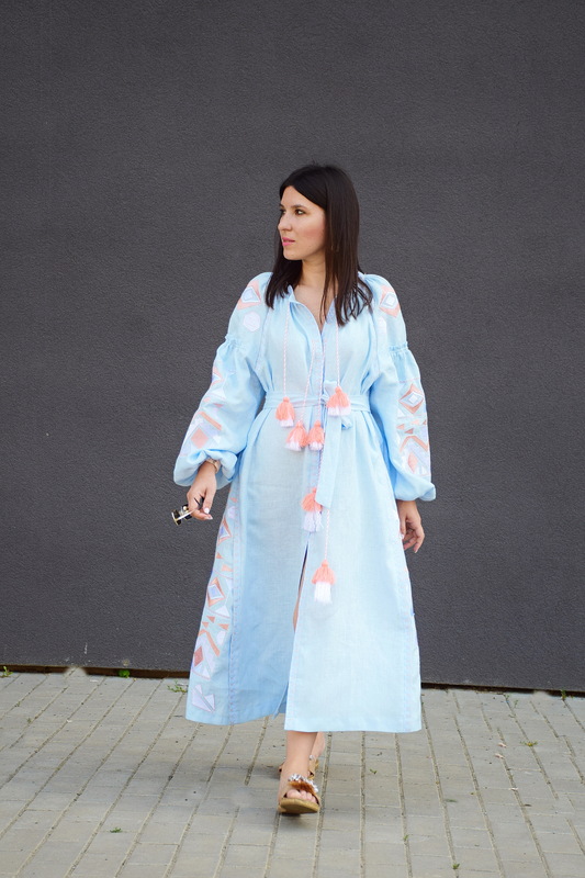 Embroidered Vyshyvanka Blue Linen Maxi Dress Multi Color Embroidery Linen Dress Ukrainian