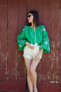Green Blouse Linen Vyshyvanka, Embroidered clothes Stylish Blouse