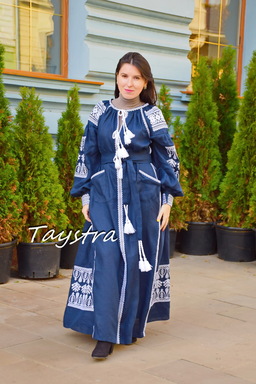 Vyshyvanka Dress Dark Blue Embroidery Linen Dress Embroidered 