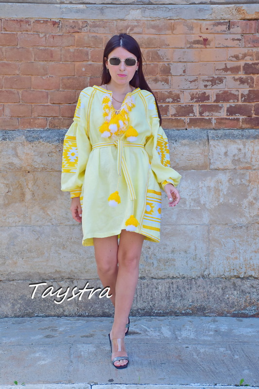 Yellow Dress Vyshyvanka Linen Short Dress Embroidered, Lemon Dress Linen Ukrainian embroidery 