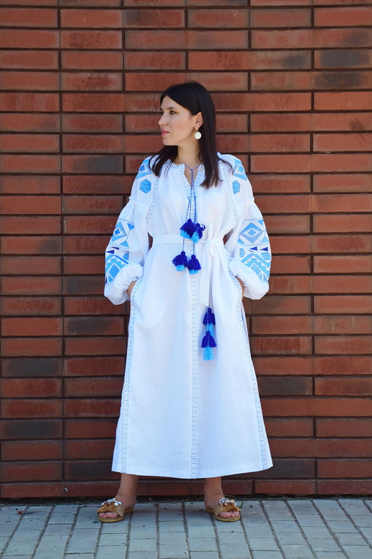 White Linen Embroidered Dress, White Linen Maxi Dress Vyshyvanka Ukrainian