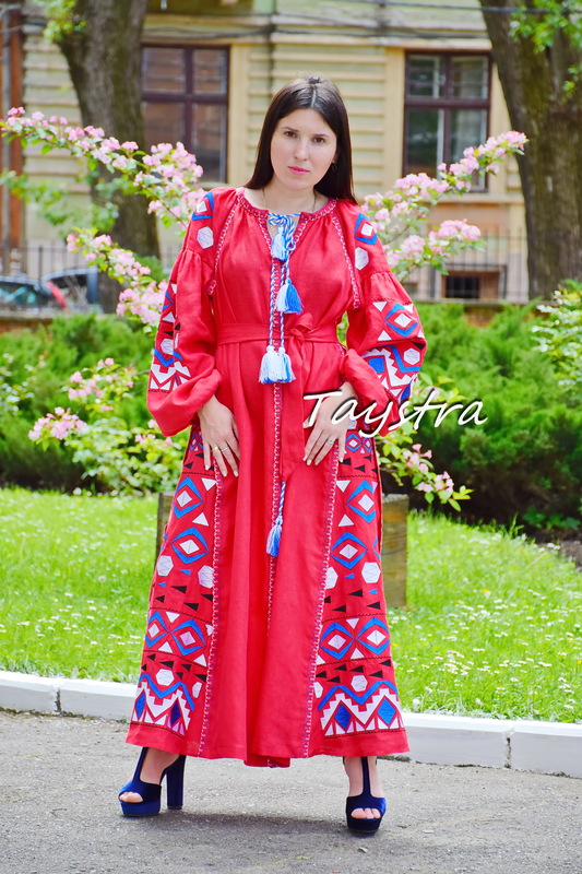 Red Maxi Dress Embroidery Linen Dress Vyshyvanka Ukrainian embroidery Dress Embroidered 