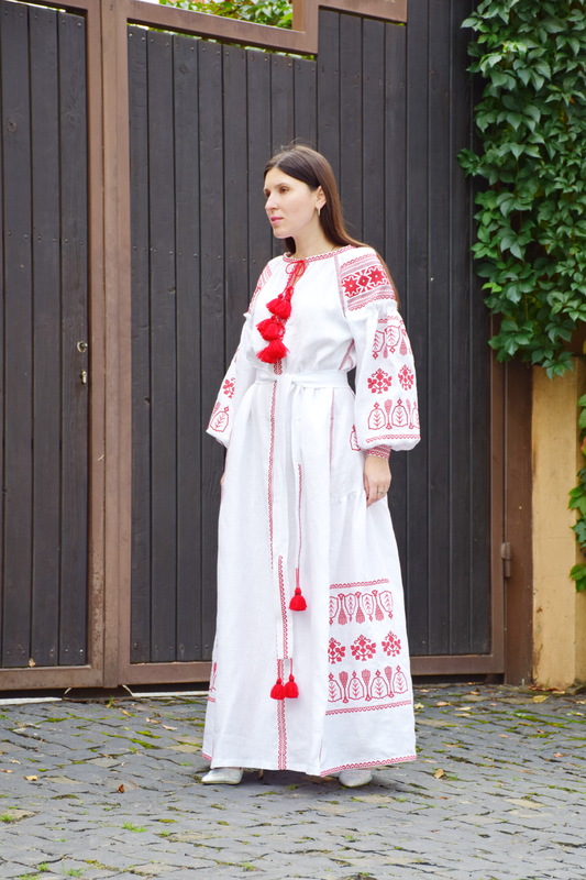 Embroidered Dress Red Embroidery, White Linen Dress Vyshyvanka Ukrainian