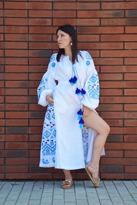 White Linen Embroidered Dress, White Linen Maxi Dress Vyshyvanka Ukrainian