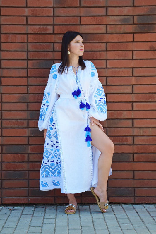 White Linen Embroidered Dress, White Linen Maxi Dress Vyshyvanka Ukrainian