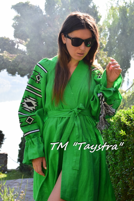Short dress of flax embroidered tunic, embroidered Boho style, Bohemian, ethno, tunic in Boho-style, Green Dress