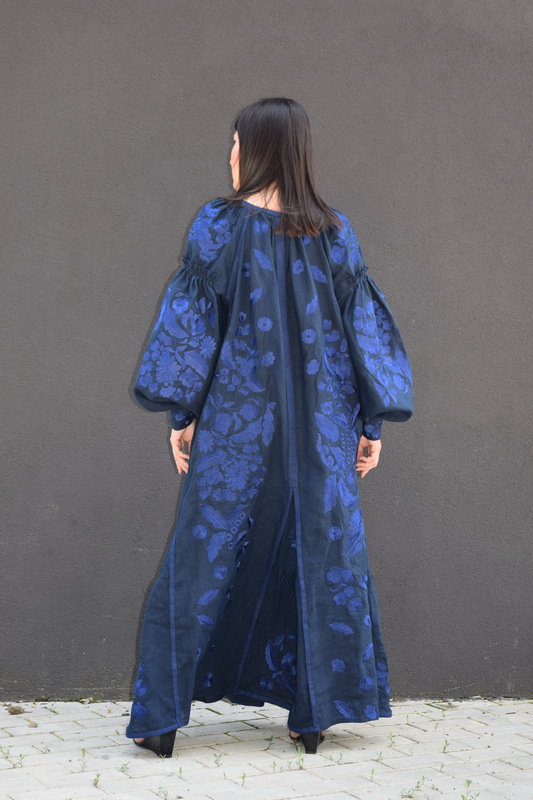 Dress Boho Embroidered Vyshyvanka Dress Embroidery Linen Maxi Dress Dark blue