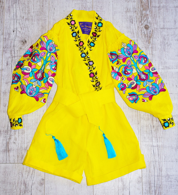 Embroidered linen yellow jumpsuit, Boho embroidered clothing natural, Overalls embroidered 