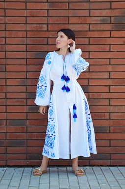 White Linen Embroidered Dress, White Linen Maxi Dress Vyshyvanka Ukrainian
