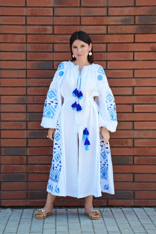 White Linen Embroidered Dress, White Linen Maxi Dress Vyshyvanka Ukrainian
