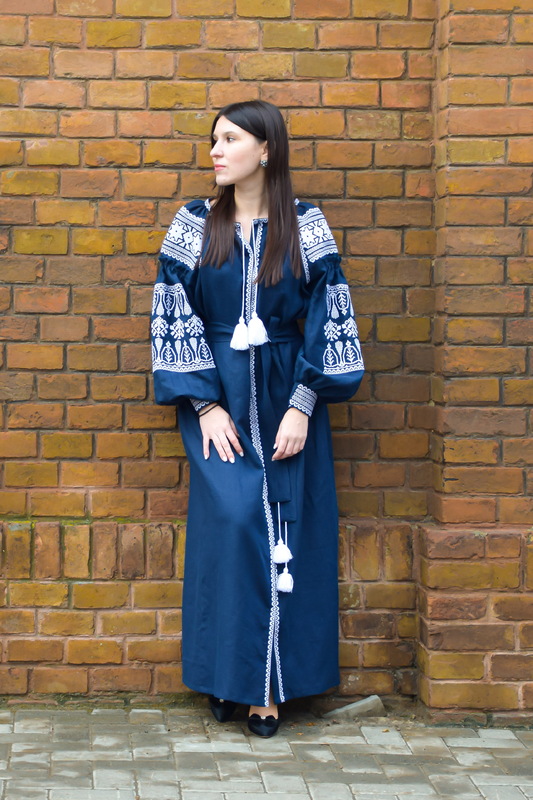 Embroidered Vyshyvanka Dress Dark Blue Embroidery Linen Dress