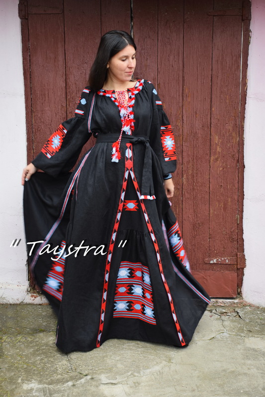 Dress Embroidered 4 wedges Boho, ethno style boho chic, Bohemian, Vyshyvanka Dress Multi Color Embroidery Linen, Ukrainian embroidery, Black Dress