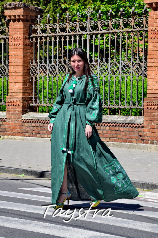 Green Dress Linen Vyshyvanka, Stylish Evening Dress Ukrainian Embroidered Dress 
