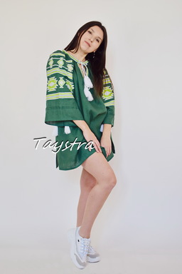 Embroidered short dress Ukrainian embroidered Green Tunic Vyshyvanka 