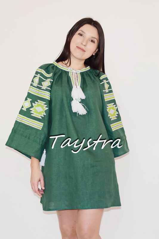 Embroidered short dress Ukrainian embroidered Green Tunic Vyshyvanka 