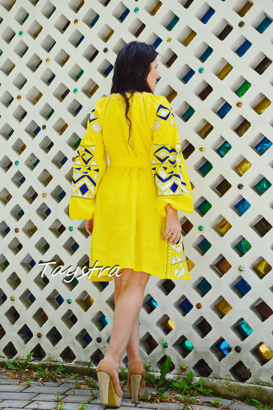  Yellow Dress Embroidered Vyshyvanka Short Dress Embroidery Linen Dress Gypsy 