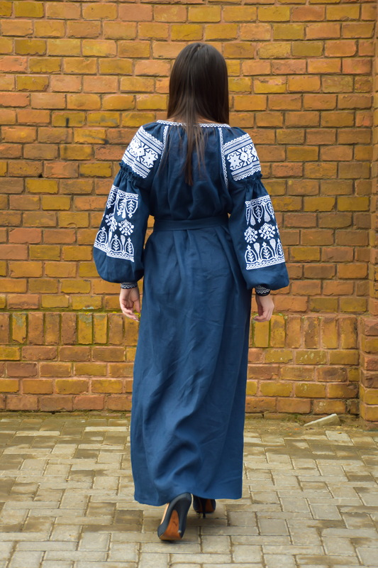 Embroidered Vyshyvanka Dress Dark Blue Embroidery Linen Dress