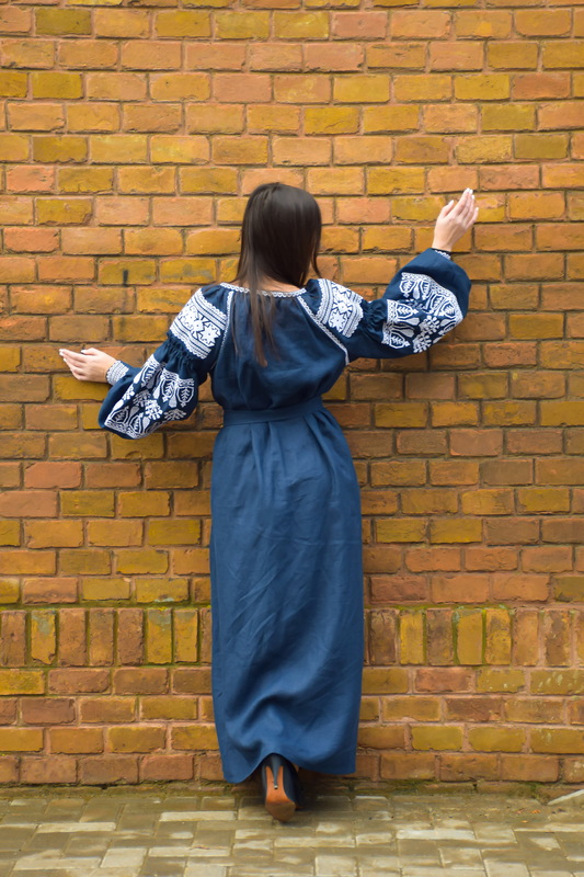 Embroidered Vyshyvanka Dress Dark Blue Embroidery Linen Dress