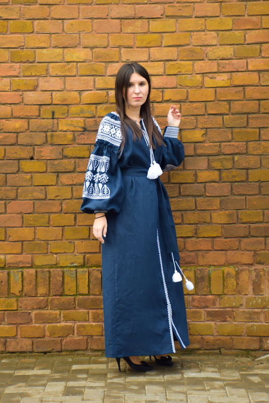 Embroidered Vyshyvanka Dress Dark Blue Embroidery Linen Dress