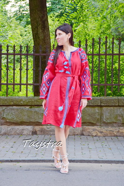 Red Midi Dress Embroidered, Boho Chic Red Linen Dress Vyshyvanka Ukrainian embroidery
