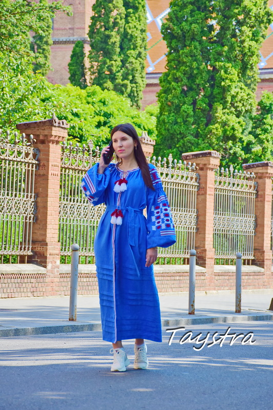 Vyshyvanka Blue Dress Multi Color Embroidery Linen Dress Ukrainian Dress Embroidered 