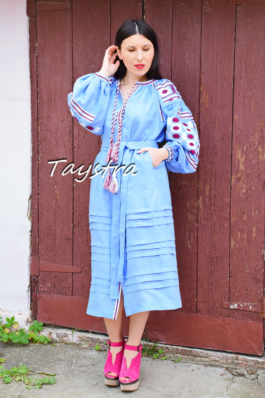 Embroidered Blue Dress style boho chic Vyshyvanka Dress Linen Ukrainian embroidery
