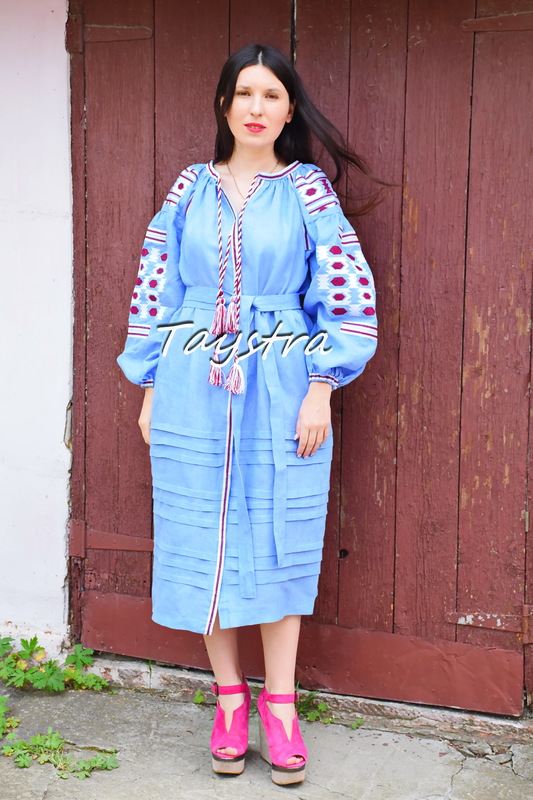 Embroidered Blue Dress style boho chic Vyshyvanka Dress Linen Ukrainian embroidery