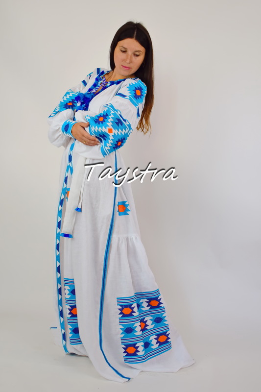 Maxi Dress Embroidered Vyshyvanka Dress Multi Color Embroidery Linen, Ukrainian embroidery, White Maxi Dress Boho Chic 