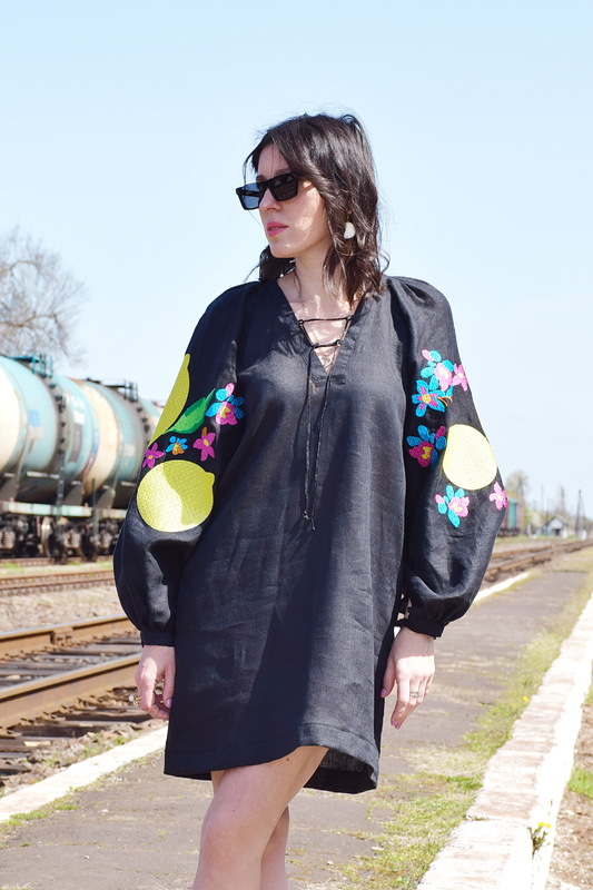 Linen Short Black Dress Embroidered Vyshyvanka Dress Embroidery Dress Ukrainian