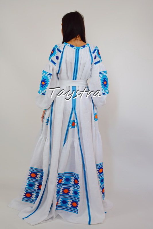 Maxi Dress Embroidered Vyshyvanka Dress Multi Color Embroidery Linen, Ukrainian embroidery, White Maxi Dress Boho Chic 