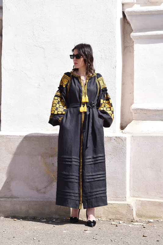 Black Dress Multi Color Embroidery Linen Dress Ukrainian Gold Еmbroidery Vyshyvanka