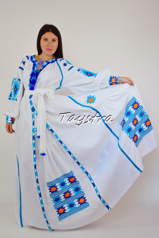Maxi Dress Embroidered Vyshyvanka Dress Multi Color Embroidery Linen, Ukrainian embroidery, White Maxi Dress Boho Chic 