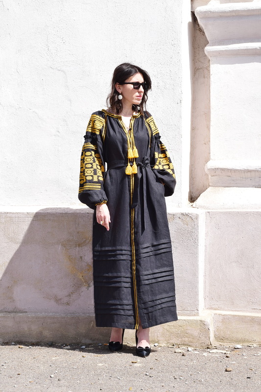 Black Dress Multi Color Embroidery Linen Dress Ukrainian Gold Еmbroidery Vyshyvanka