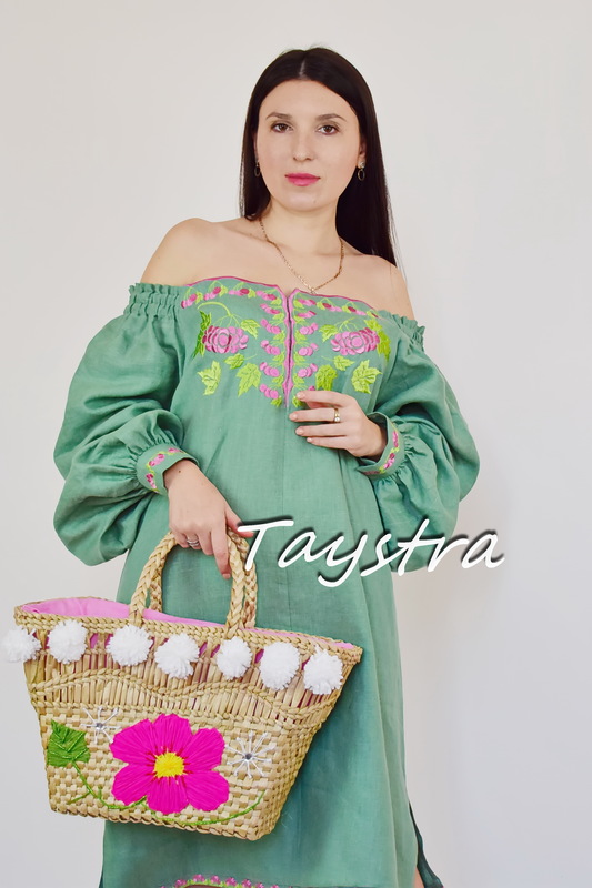 Vyshyvanka Embroidered Short Green Dress Tunic Linen, Mini Dress Ukrainian embroidered, Boho style ethno