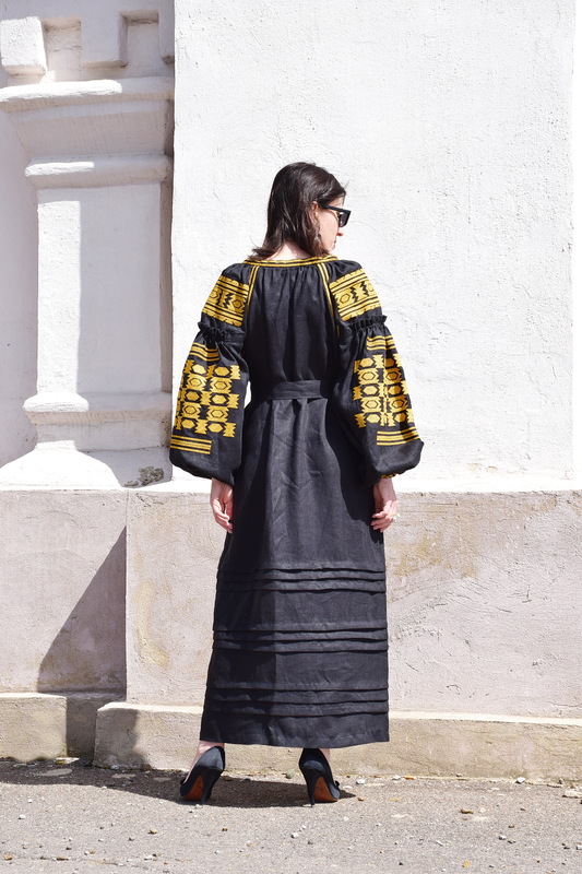 Black Dress Multi Color Embroidery Linen Dress Ukrainian Gold Еmbroidery Vyshyvanka