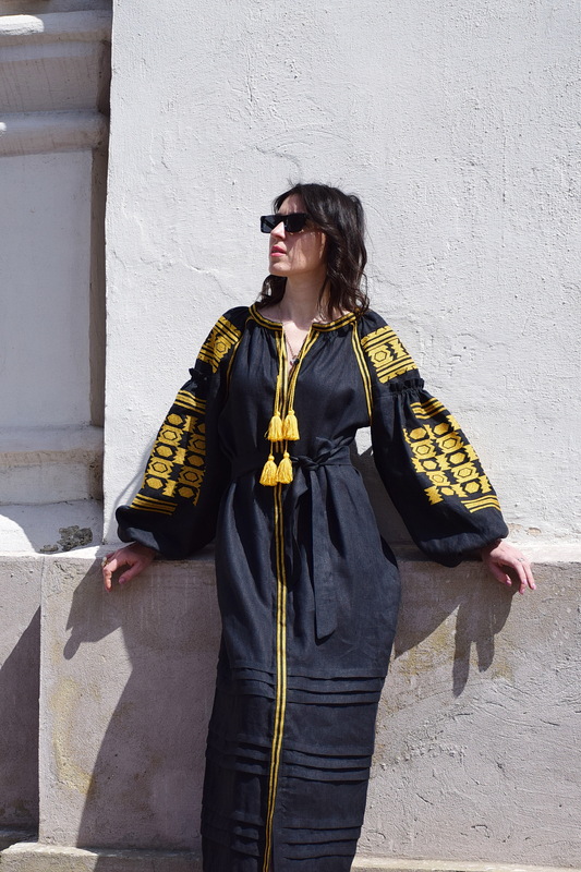 Black Dress Multi Color Embroidery Linen Dress Ukrainian Gold Еmbroidery Vyshyvanka
