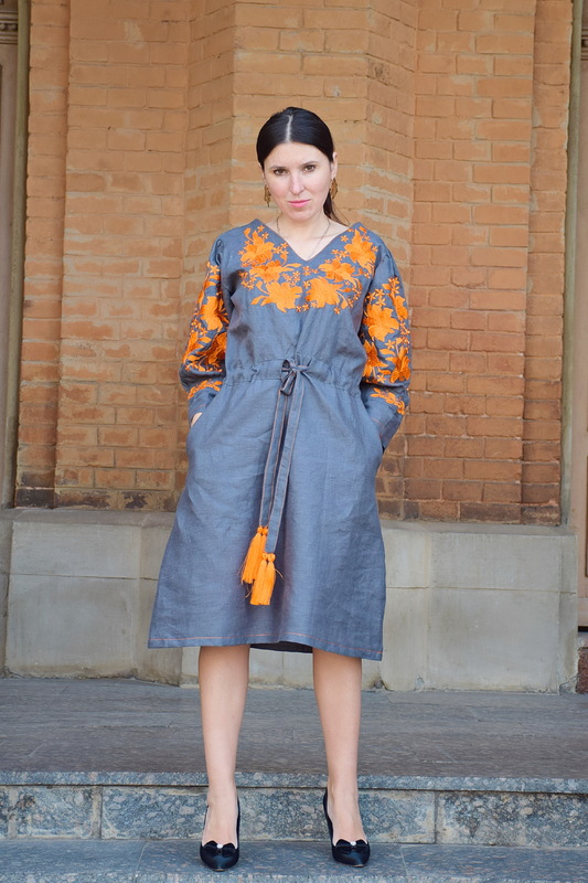 Stylish Designer Gray Dress Embroidered Vyshyvanka Dress 