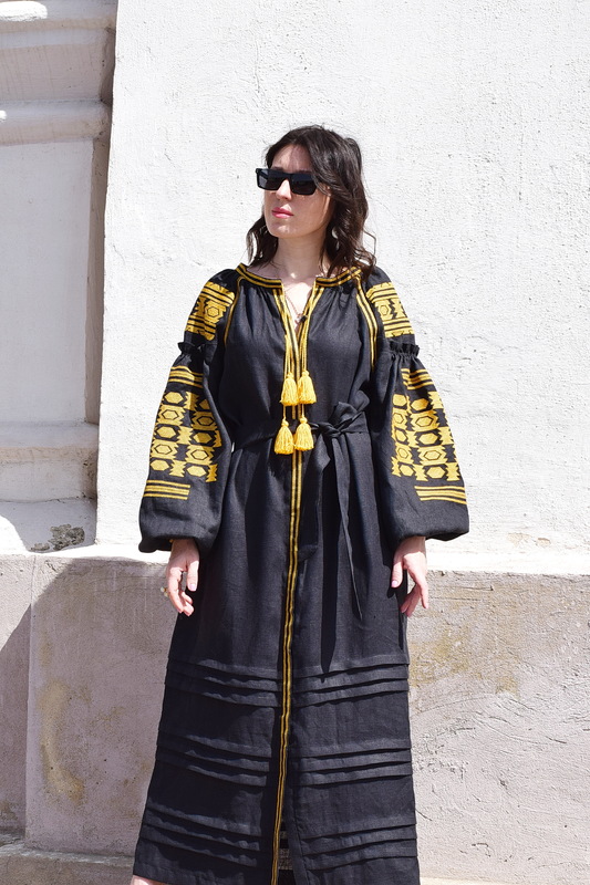 Black Dress Multi Color Embroidery Linen Dress Ukrainian Gold Еmbroidery Vyshyvanka