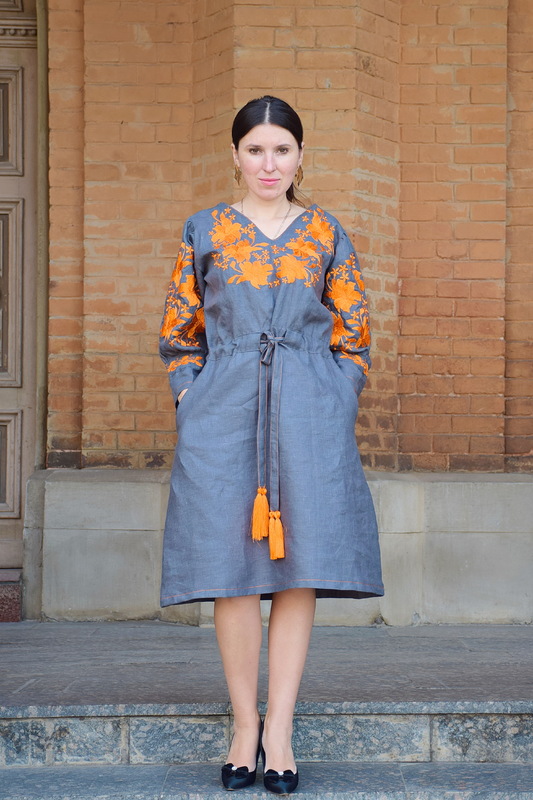 Stylish Designer Gray Dress Embroidered Vyshyvanka Dress 