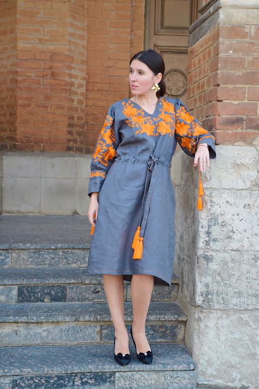 Stylish Designer Gray Dress Embroidered Vyshyvanka Dress 