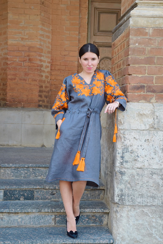 Stylish Designer Gray Dress Embroidered Vyshyvanka Dress 