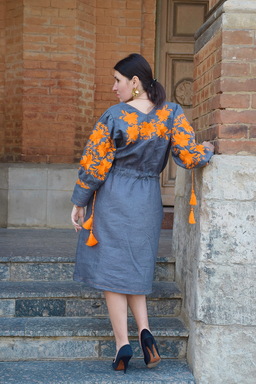 Stylish Designer Gray Dress Embroidered Vyshyvanka Dress 