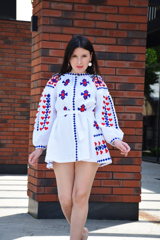 White Dress, White Linen Mini Dress Vyshyvanka Ukrainian Linen Embroidered 