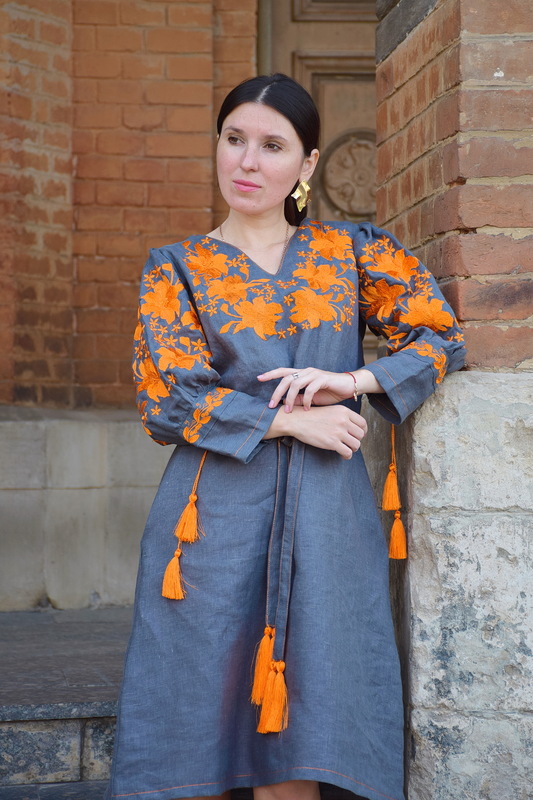 Stylish Designer Gray Dress Embroidered Vyshyvanka Dress 