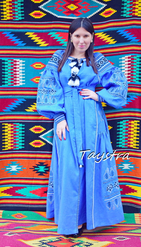 Embroidered Dress Vyshyvanka Blue Dress Multi Color Embroidery Linen Ukrainian Dress
