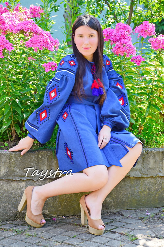 Gypsy Dress Embroidered Vyshyvanka Blue Dress Multi Color Embroidery Linen Dress Ukrainian