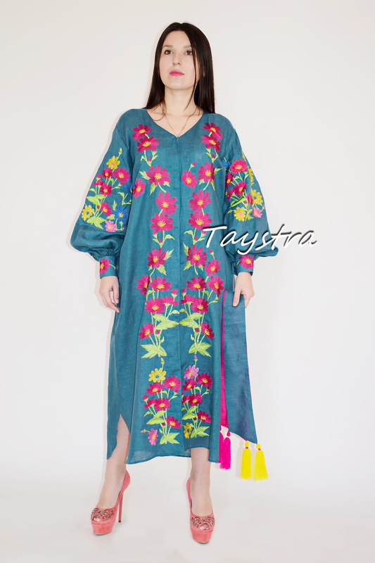 Embroidered Dress Vyshyvanka Green Dress Linen, Stylish Evening Dress Ukrainian 